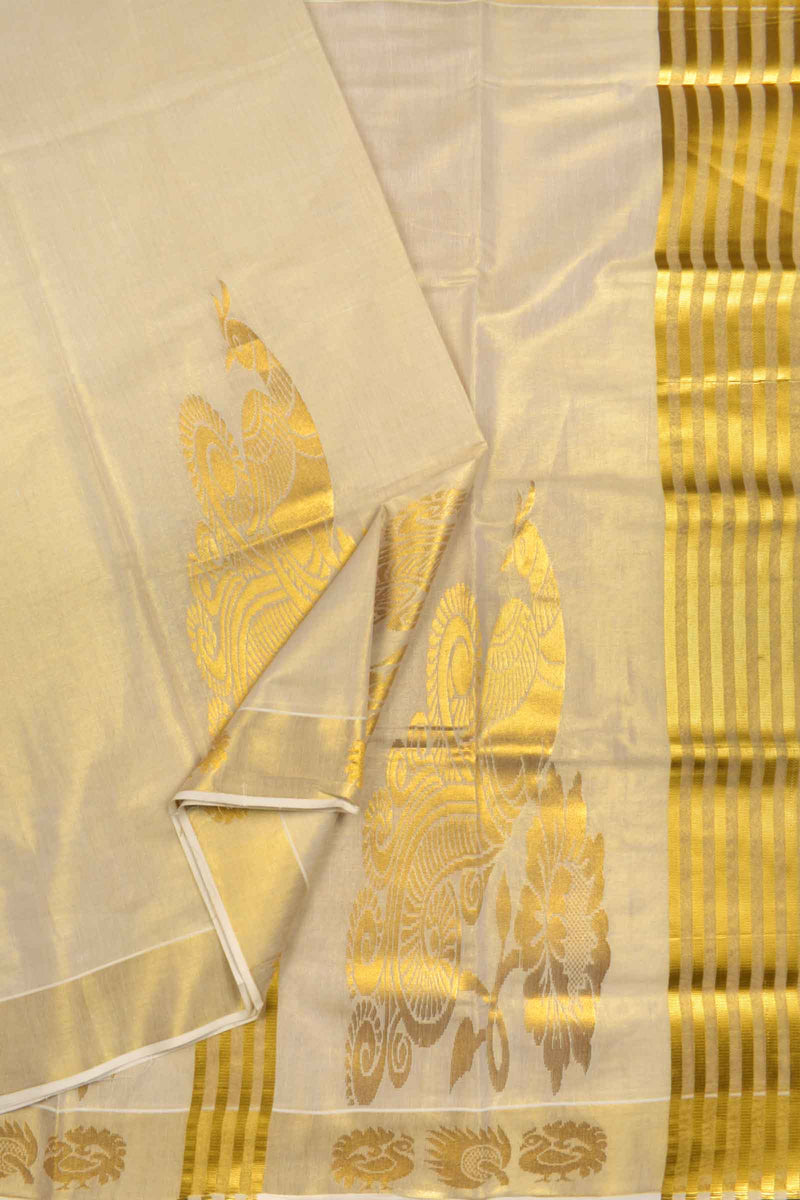 Golden  Kerala Tissue Cotton Golden Peacock Border Zari Lines Pallu Saree