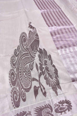 Silver With Violet Kerala Tissue Cotton Contrast Peacock Butta Violet Zari Lines Peacock Pallu Saree