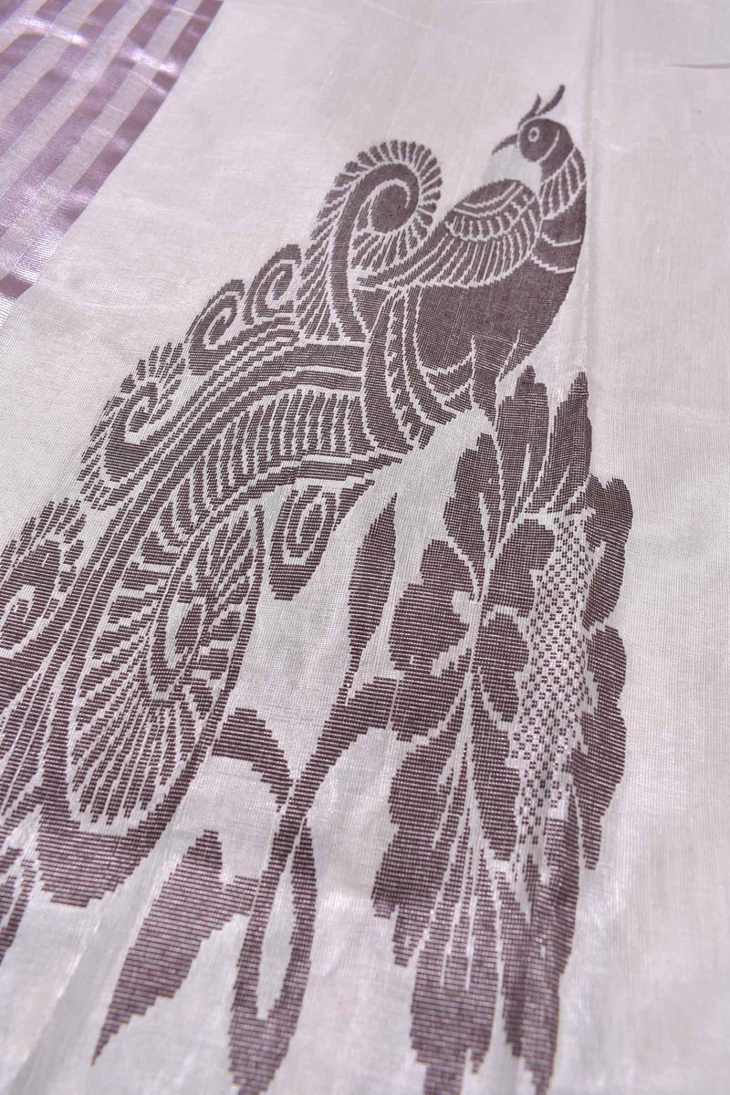 Silver With Violet Kerala Tissue Cotton Contrast Peacock Butta Violet Zari Lines Peacock Pallu Saree