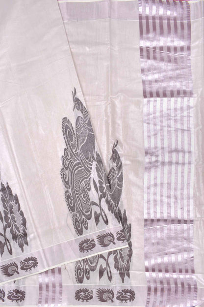 Silver With Violet Kerala Tissue Cotton Contrast Peacock Butta Violet Zari Lines Peacock Pallu Saree