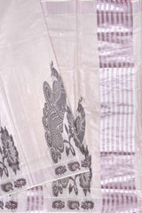 Silver With Violet Kerala Tissue Cotton Contrast Peacock Butta Violet Zari Lines Peacock Pallu Saree