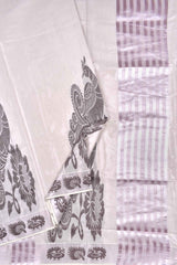 Silver With Violet Kerala Tissue Cotton Contrast Peacock Butta Violet Zari Lines Peacock Pallu Saree