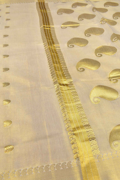 Golden Kerala Tissue Cotton Golden Mango Pallu Saree