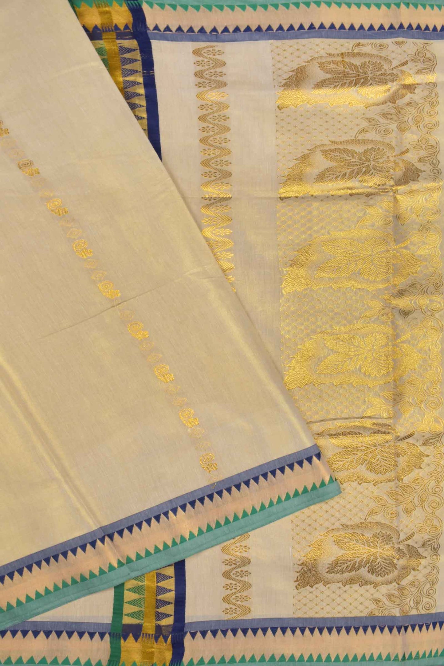 Golden Kerala Tissue Cotton Golden Waves Gold Leaves Pallu Temple Border Saree