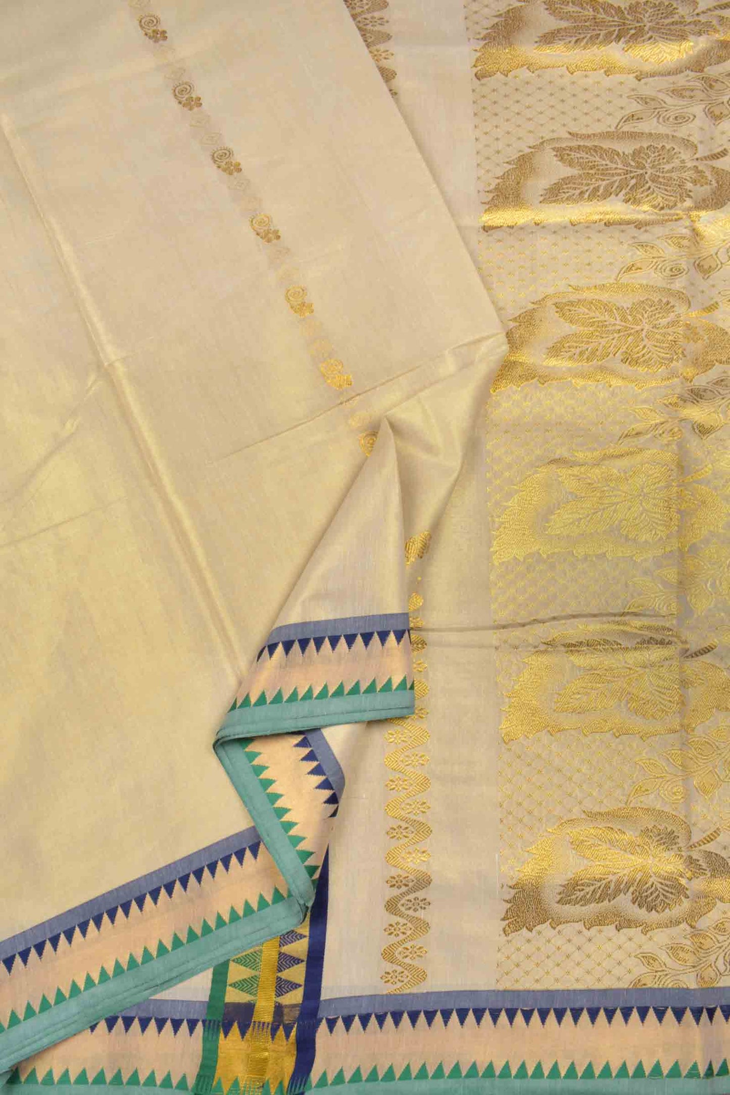 Golden Kerala Tissue Cotton Golden Waves Gold Leaves Pallu Temple Border Saree