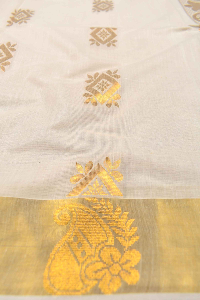 Off White Pure Kerala Cotton Mini Rangoli  Butta Rich Fancy Pallu Saree