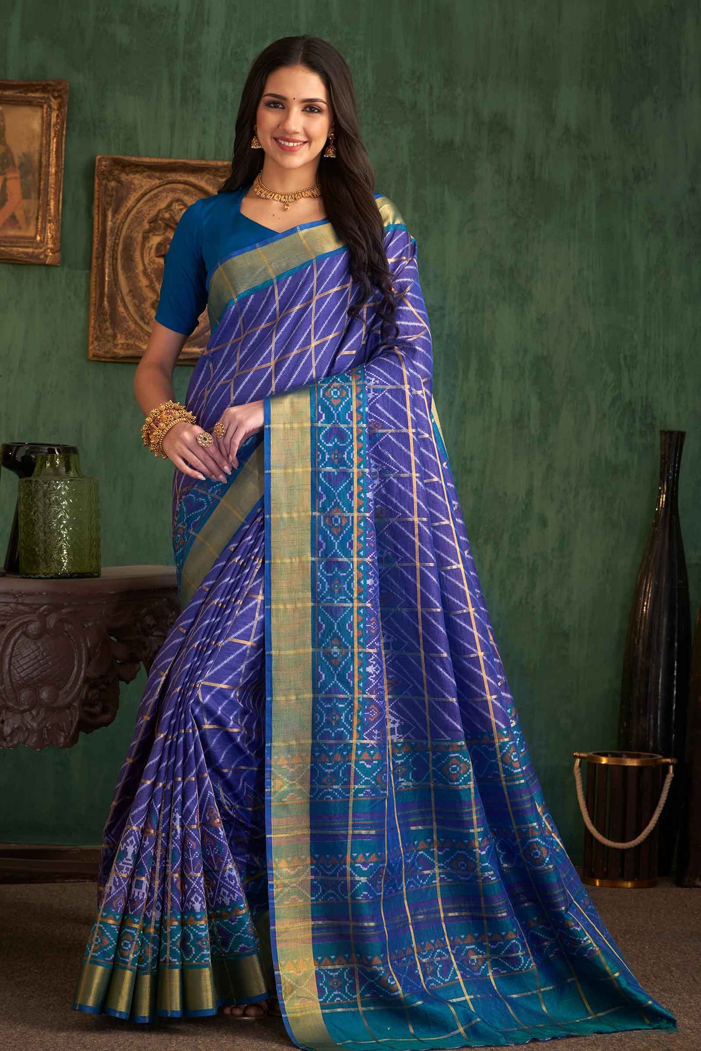 Violet Sana Soft Silk Fancy Patola Check Zari Border Fancy Pallu Saree