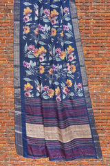 Navy Blue Semi Dola Fancy Floral Printed Jari Border Saree