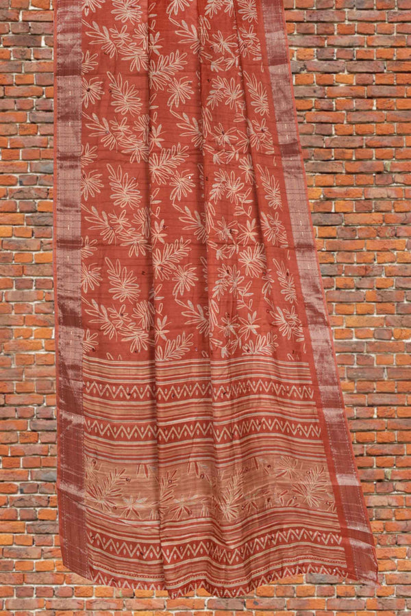 Brown Semi Dola Fancy Floral Printed Jari Border Saree