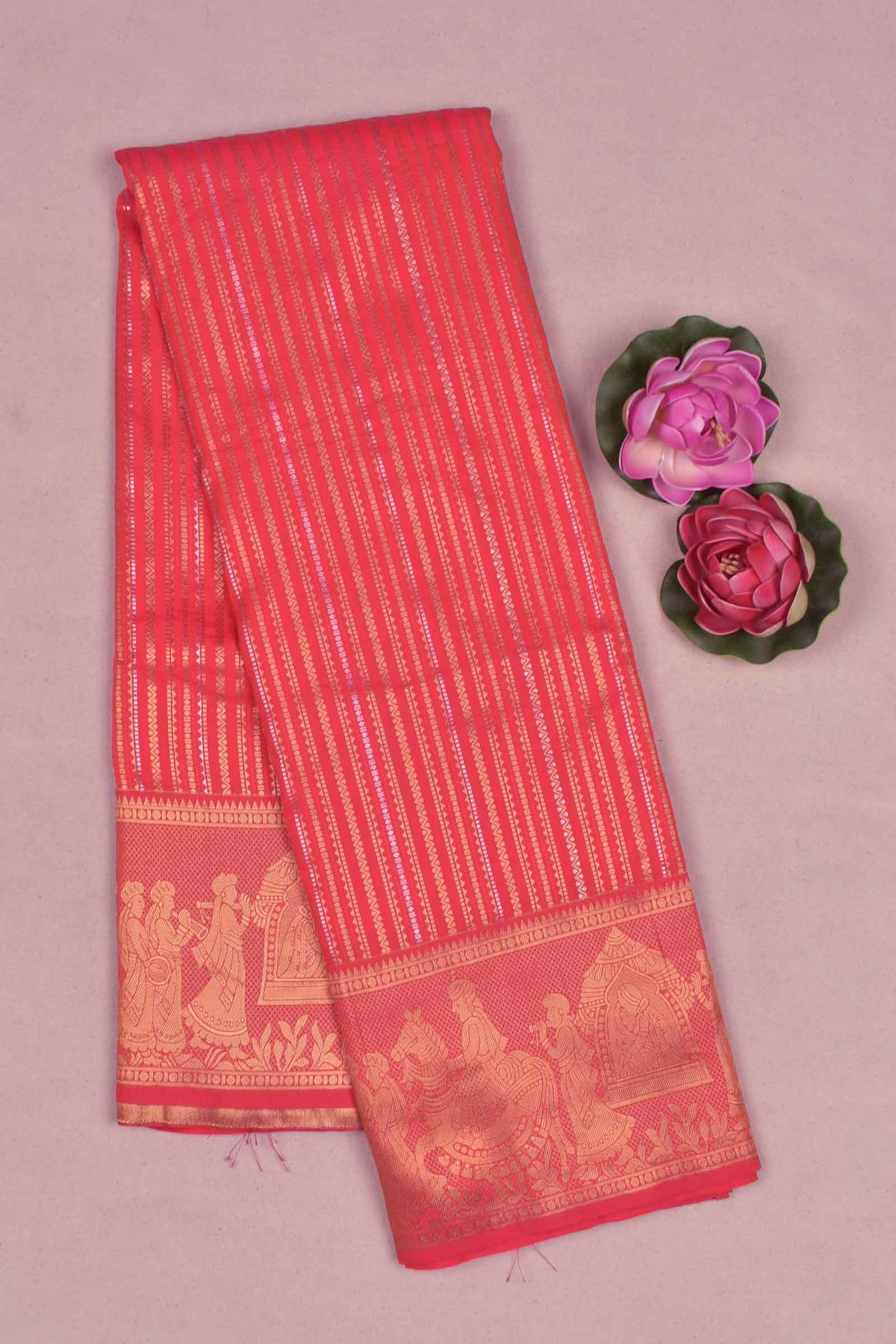 Red Semi Silk All Over Zari Lines Fancy Border Saree