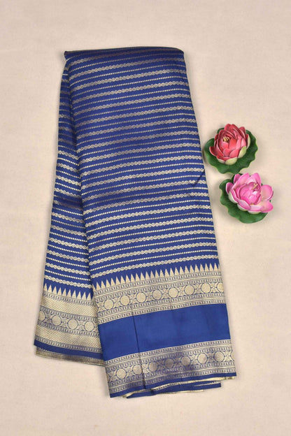 Navy Blue Semi Silk All Over Zari Kolam Lines Temple Border Saree