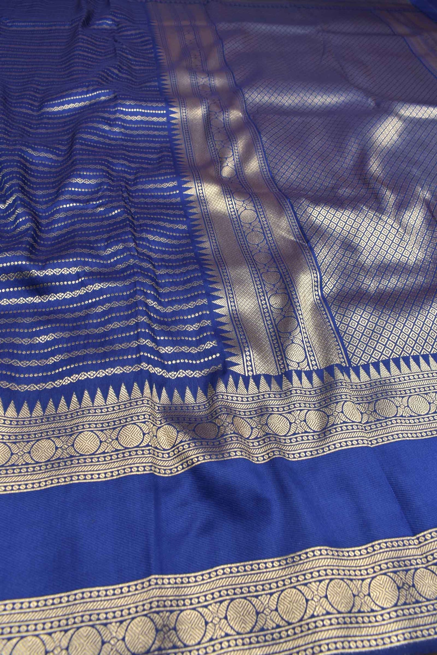 Navy Blue Semi Silk All Over Zari Kolam Lines Temple Border Saree