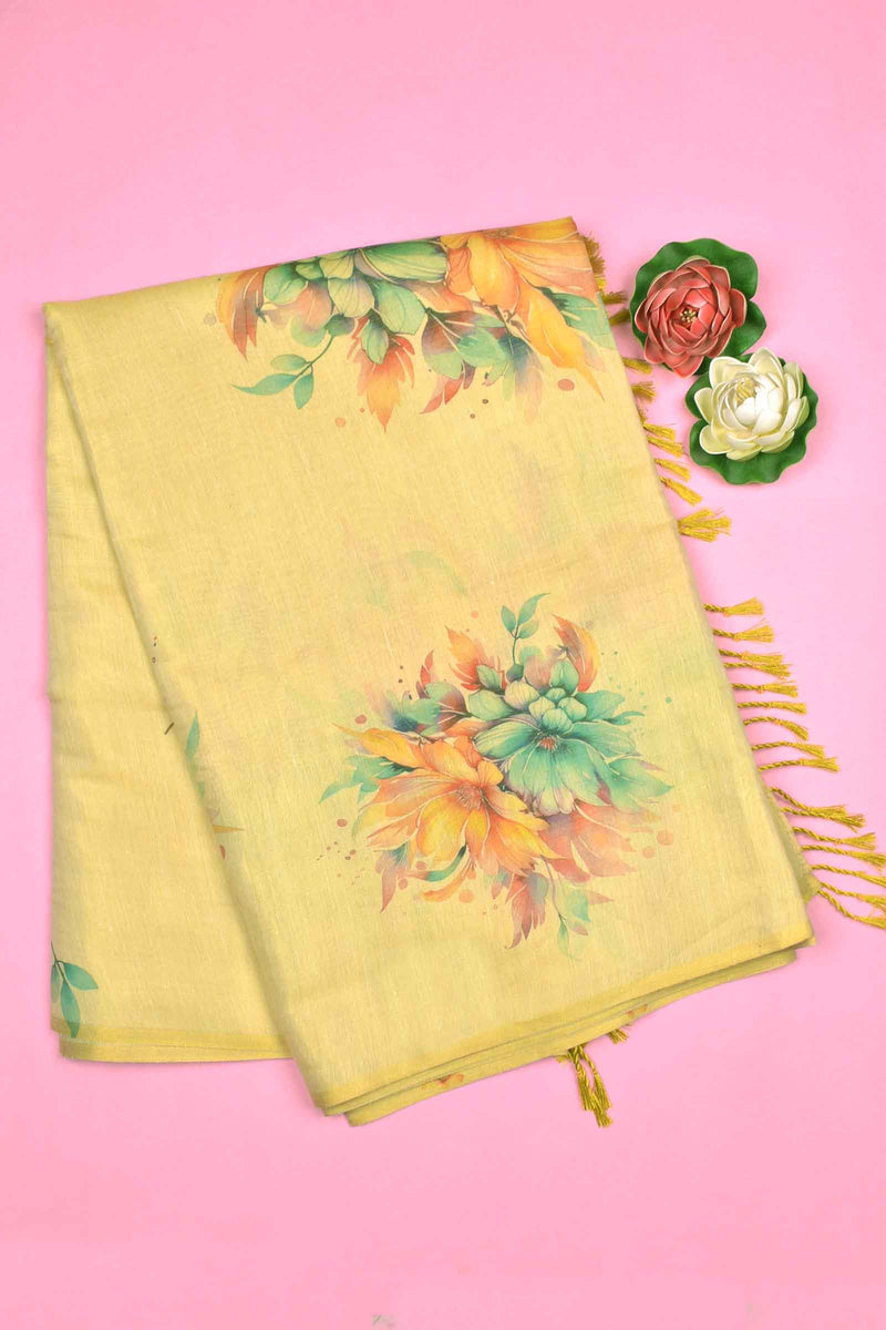 Light Sandal Semi Linen Floral Bouquet Digital Print Saree