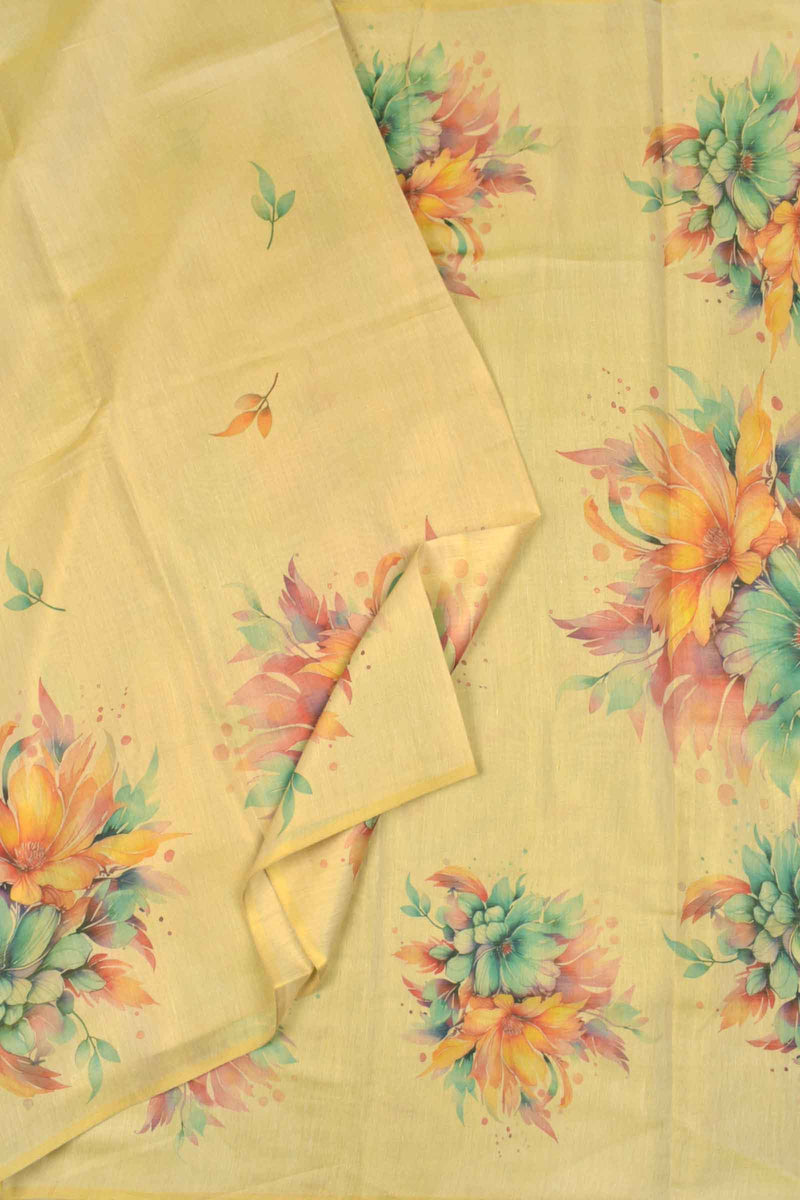 Light Sandal Semi Linen Floral Bouquet Digital Print Saree