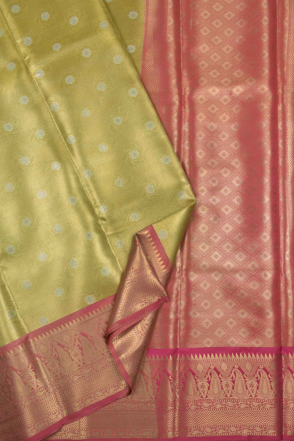 Golden Yellow Tissue Fancy Butta Pink Border Saree