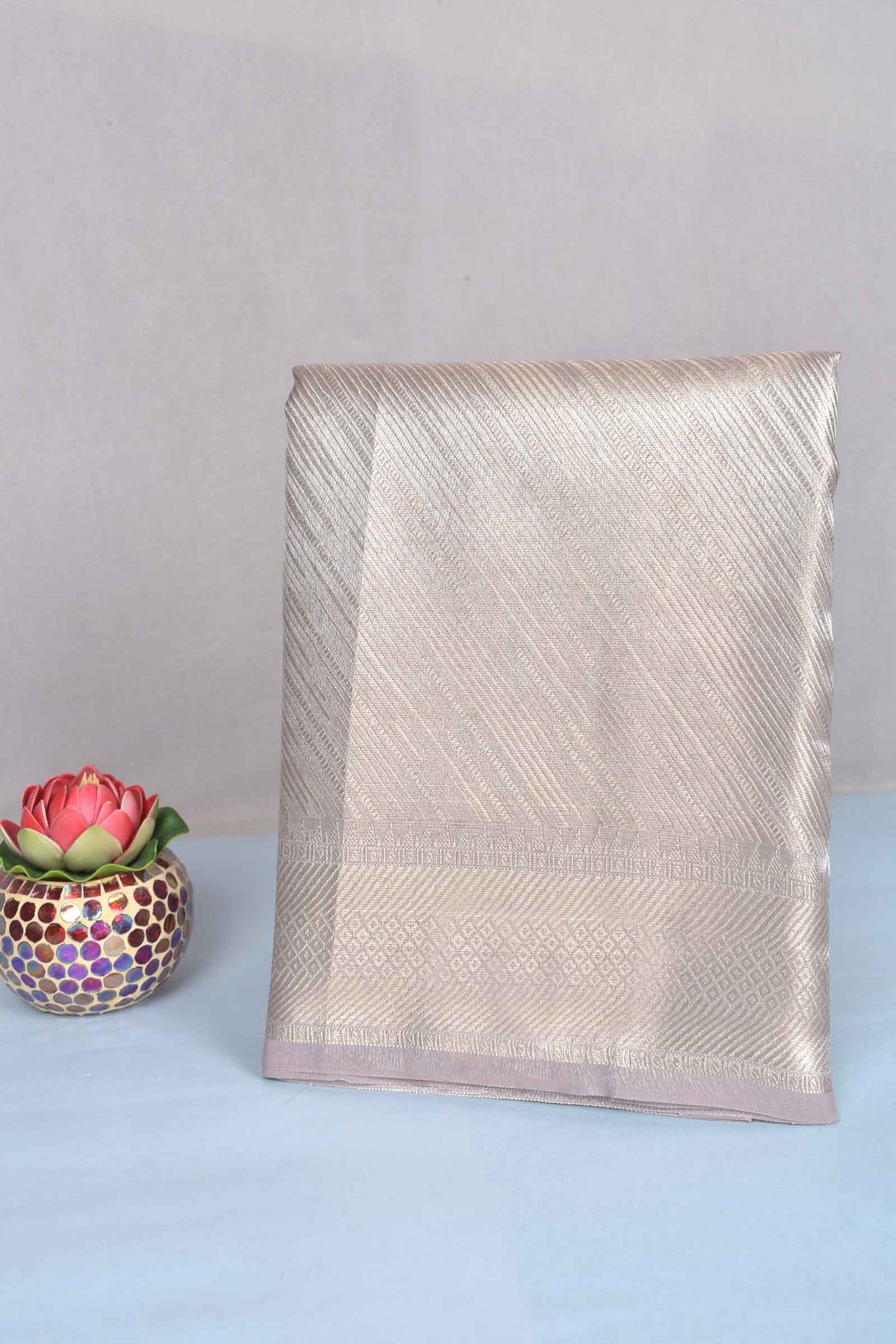 Grey Silver Tissue Fancy Cross Lines Design Saree