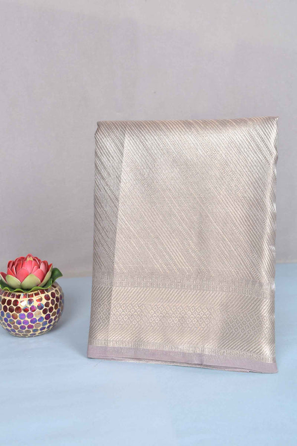 Grey Silver Tissue Fancy Cross Lines Design Saree