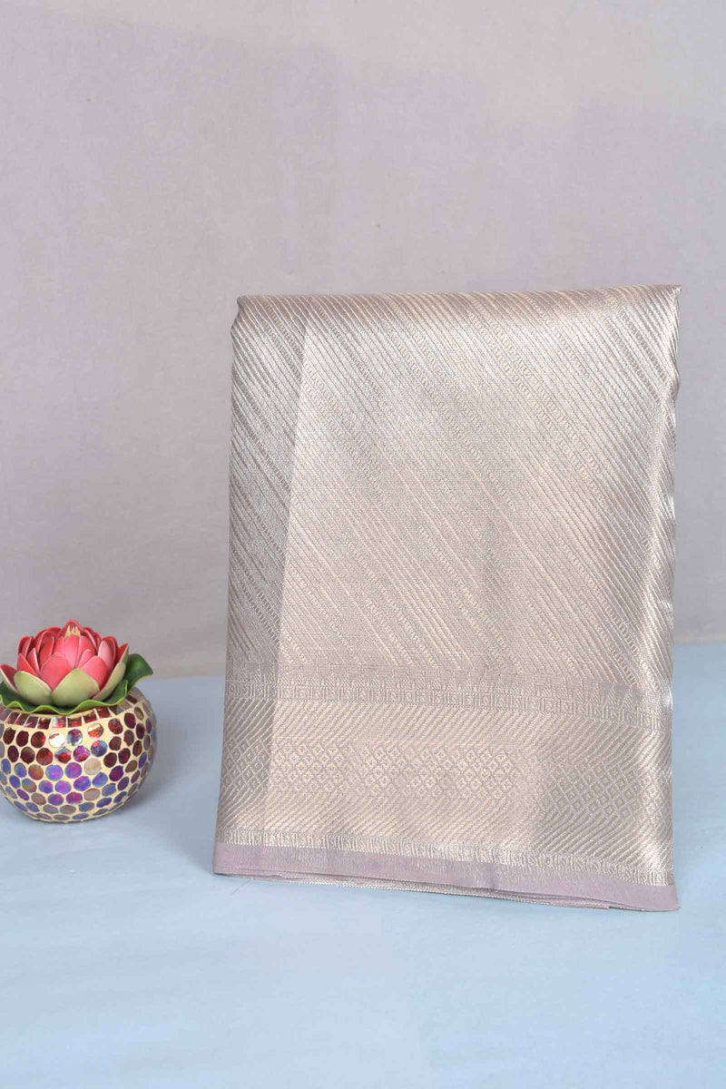 Grey Silver Tissue Fancy Cross Lines Design Saree