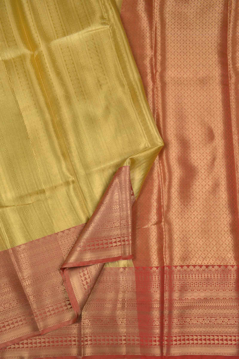 Golden Yellow Tissue Fancy Zari Lines Red Zari Border Saree