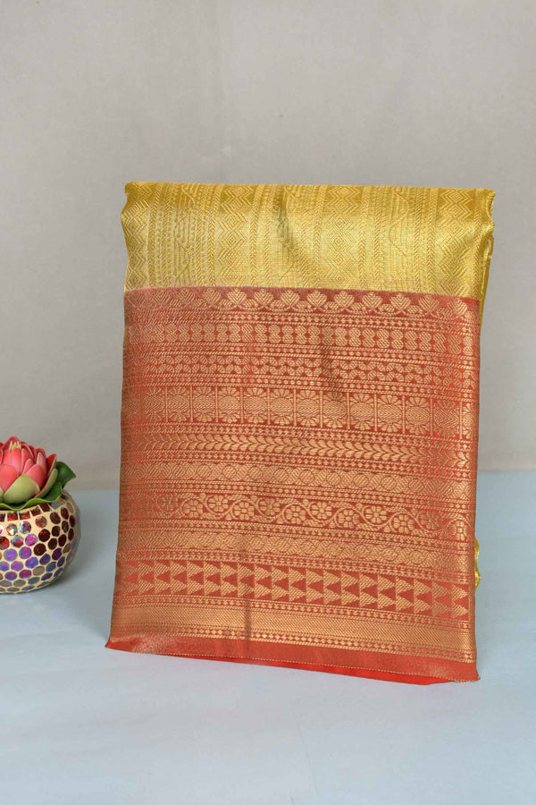 Golden Yellow Tissue Fancy Zari Lines Red Zari Border Saree