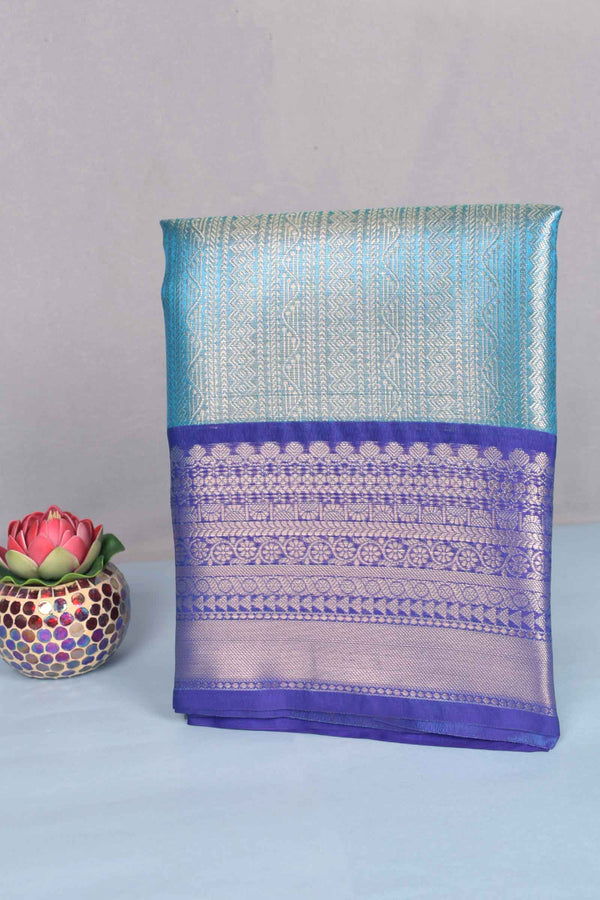 Blue Tissue  Vertical Lines Contrast Navy Blue Zari Border Saree