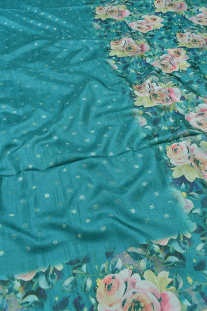 Teal Blue Semi Tussar Zari Dots Butta Floral Pallu Saree