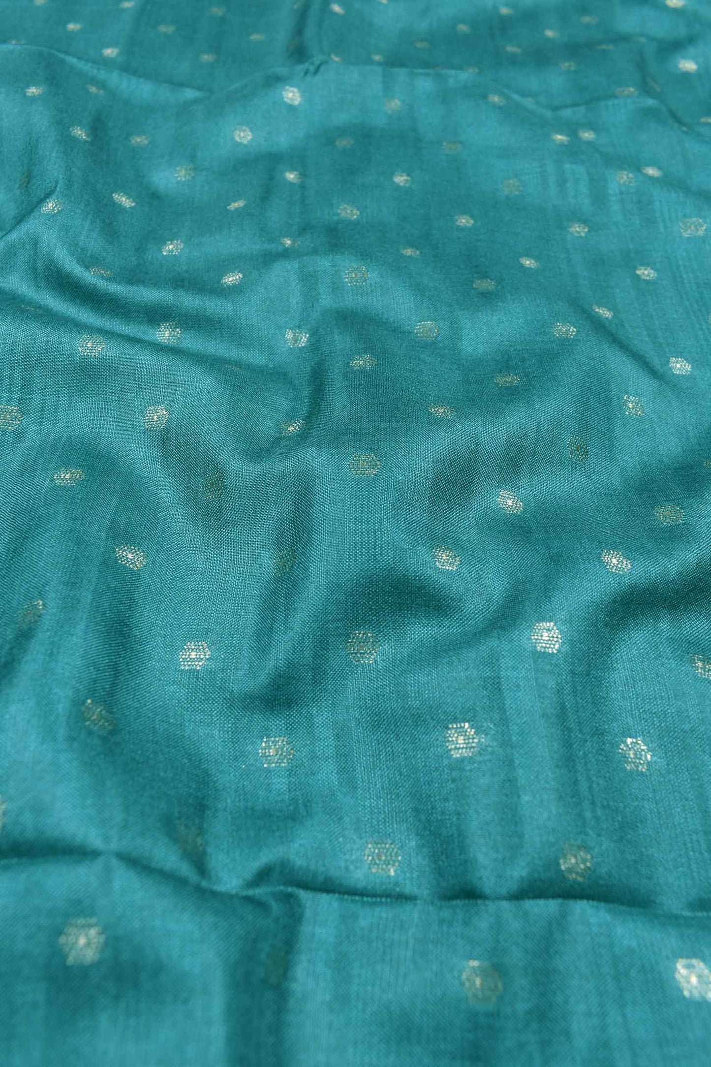 Teal Blue Semi Tussar Zari Dots Butta Floral Pallu Saree