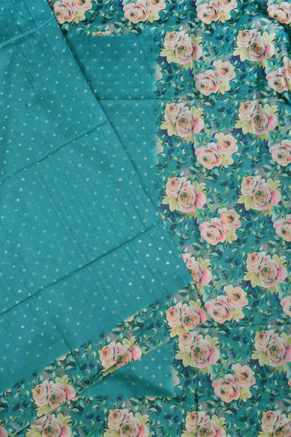 Teal Blue Semi Tussar Zari Dots Butta Floral Pallu Saree