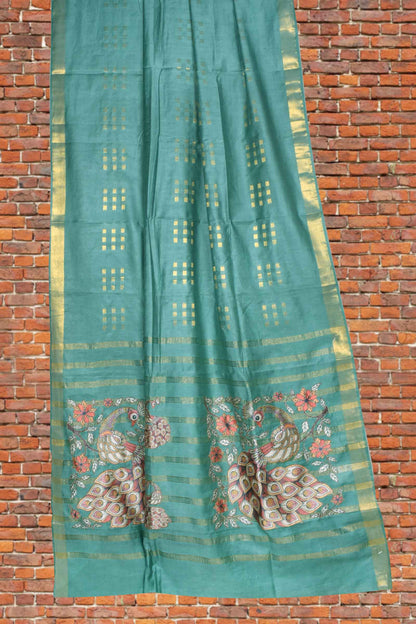 Green Bengal Cotton Fancy Butta Peacock Applique Pallu Saree