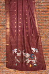 Brown Bengal Cotton Fancy Butta Elephant Applique Pallu Saree