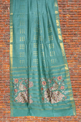 Green Bengal Cotton Fancy Butta Peacock Applique Pallu Saree