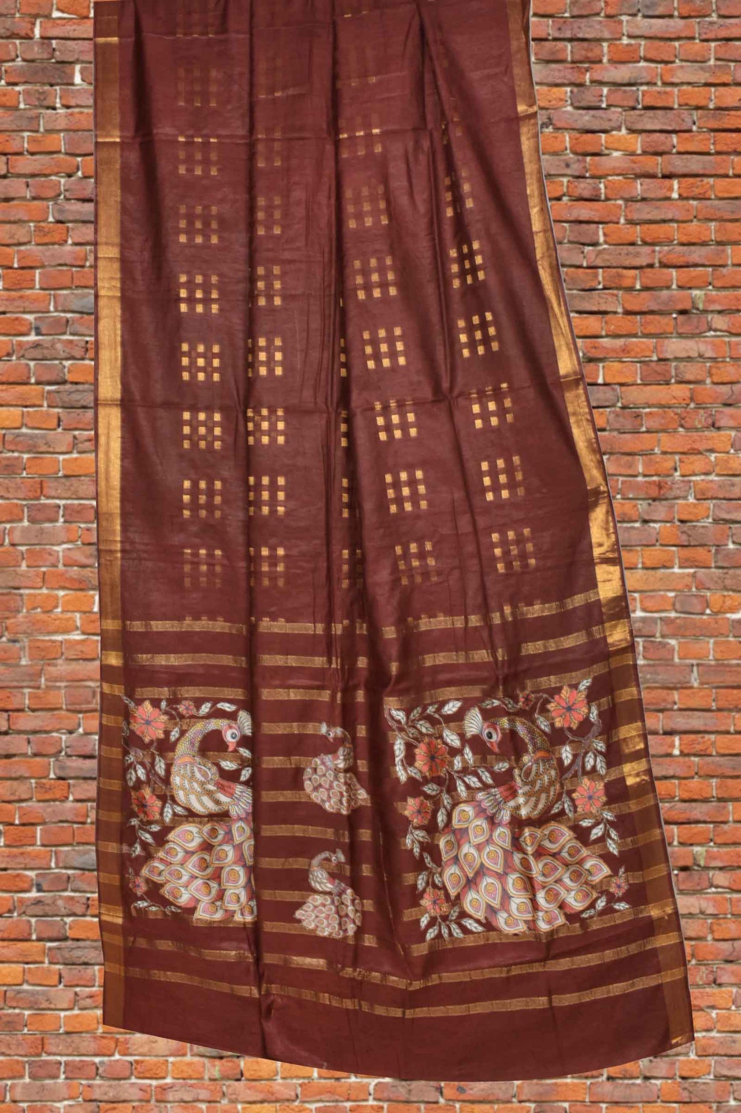 Brown Bengal Cotton Fancy Butta Peacock Applique Pallu Saree