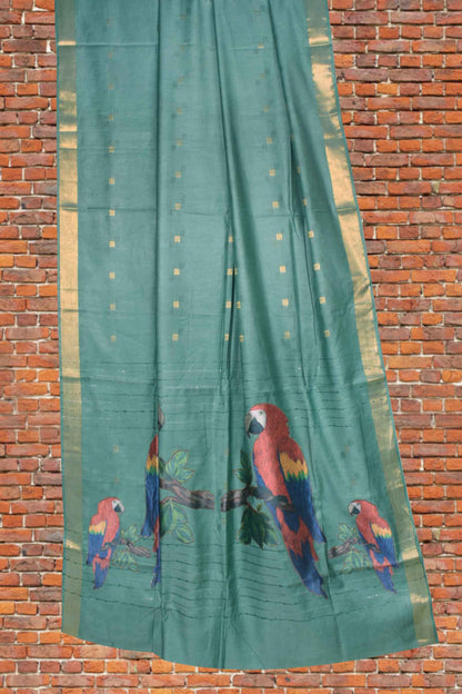 Green Bengal Cotton Fancy Butta Parrot Applique Pallu Saree