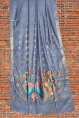 Dark Grey Bengal Cotton Fancy Butta Peacock Applique Pallu Saree