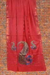 Deep Red Bengal Cotton Fancy Butta Peacock Applique Pallu Saree