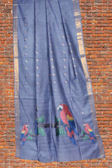 Blue Grey Bengal Cotton Fancy Butta Parrot Applique Pallu Saree