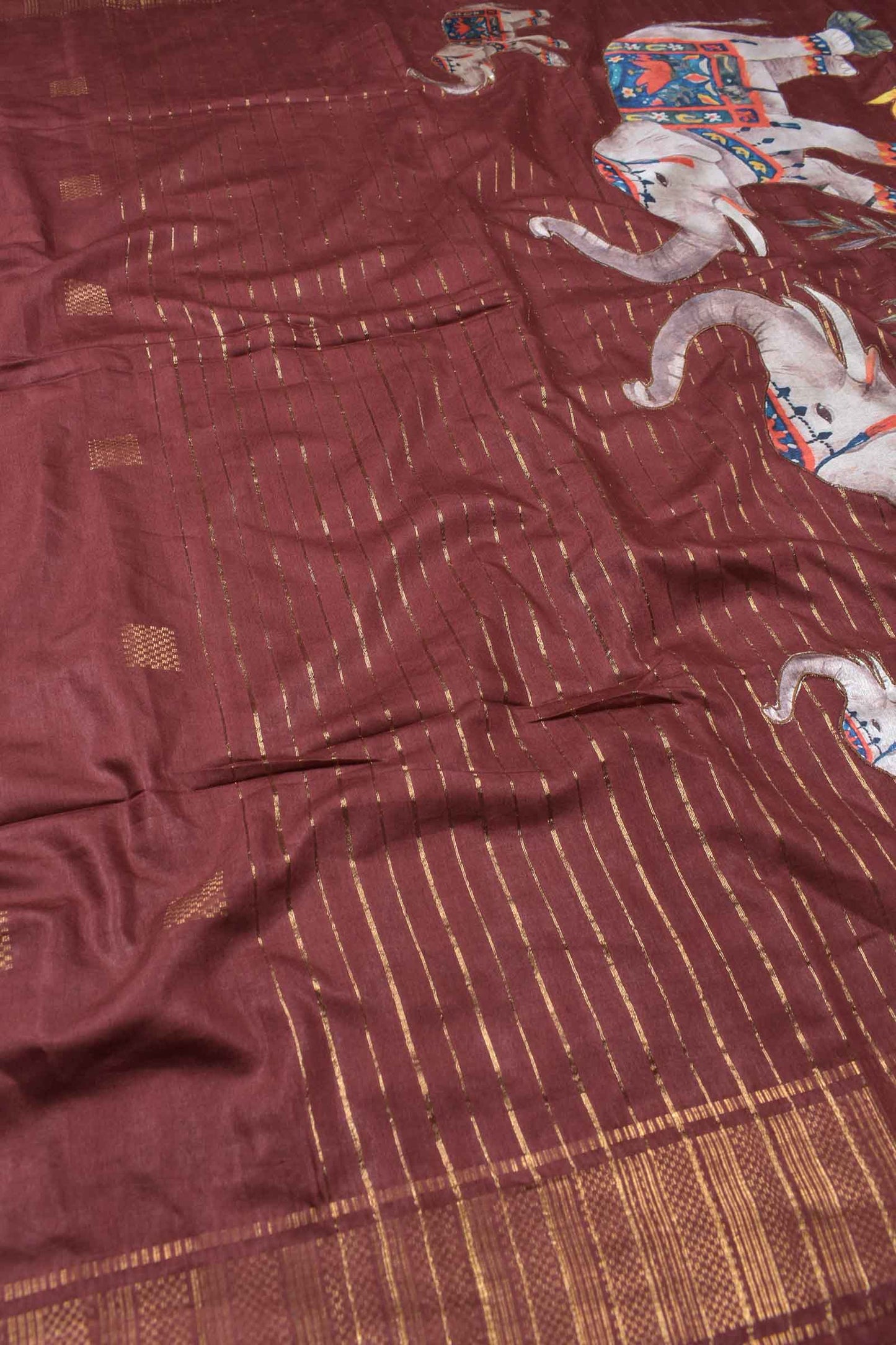 Brown Bengal Cotton Fancy Butta Elephant Applique Pallu Saree