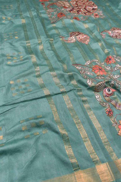 Green Bengal Cotton Fancy Butta Peacock Applique Pallu Saree