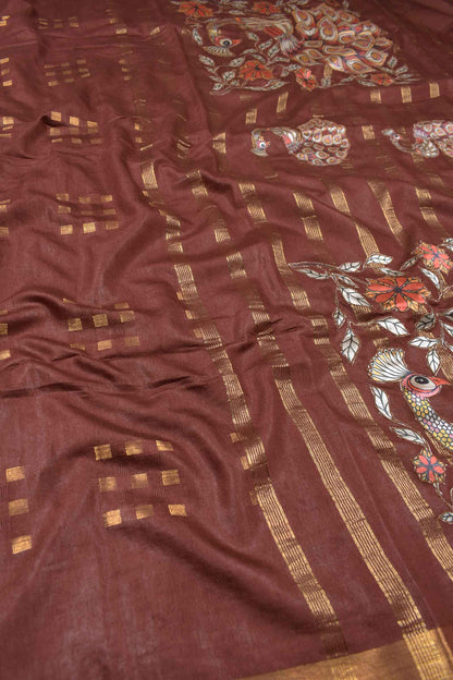 Brown Bengal Cotton Fancy Butta Peacock Applique Pallu Saree