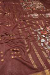 Brown Bengal Cotton Fancy Butta Peacock Applique Pallu Saree