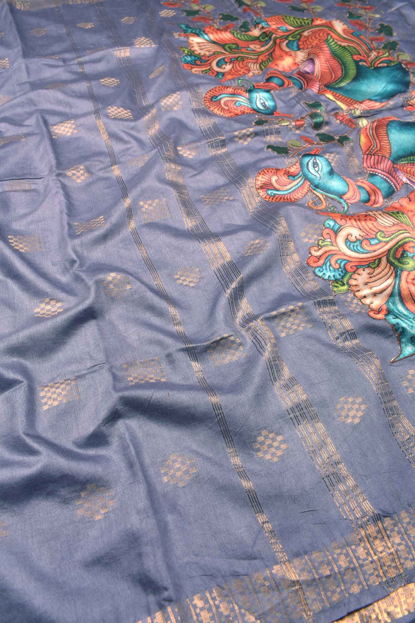 Dark Grey Bengal Cotton Fancy Butta Peacock Applique Pallu Saree