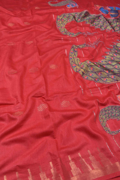 Deep Red Bengal Cotton Fancy Butta Peacock Applique Pallu Saree