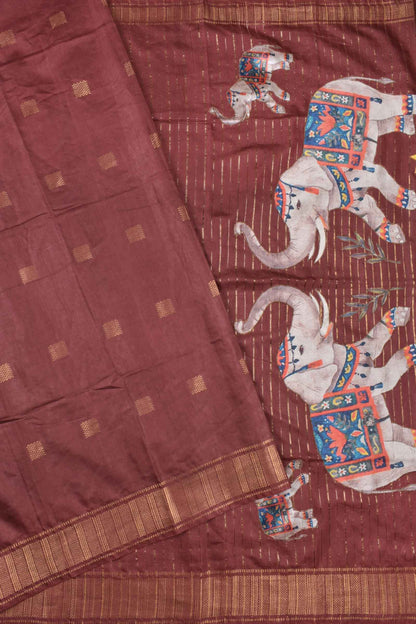 Brown Bengal Cotton Fancy Butta Elephant Applique Pallu Saree