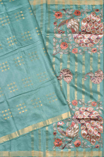 Green Bengal Cotton Fancy Butta Peacock Applique Pallu Saree