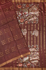 Brown Bengal Cotton Fancy Butta Peacock Applique Pallu Saree