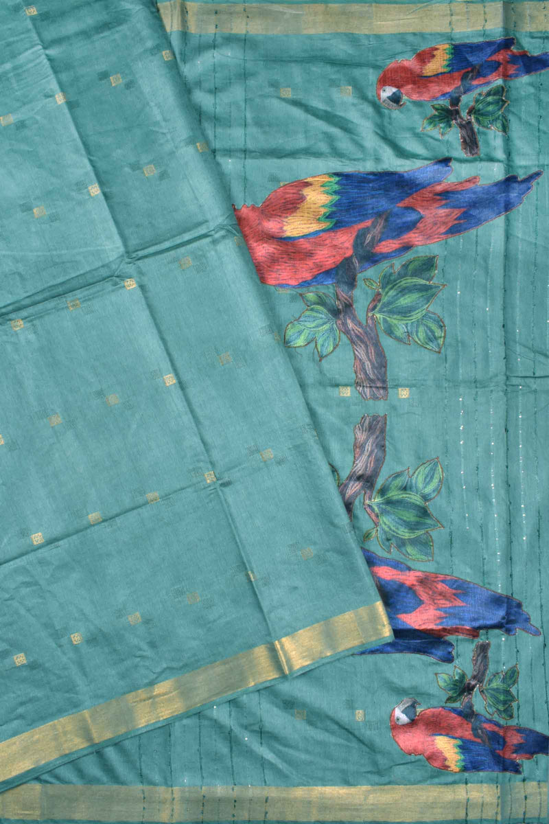 Green Bengal Cotton Fancy Butta Parrot Applique Pallu Saree