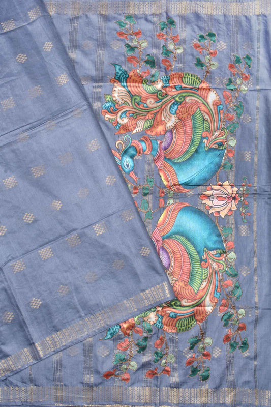 Dark Grey Bengal Cotton Fancy Butta Peacock Applique Pallu Saree