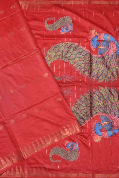 Deep Red Bengal Cotton Fancy Butta Peacock Applique Pallu Saree