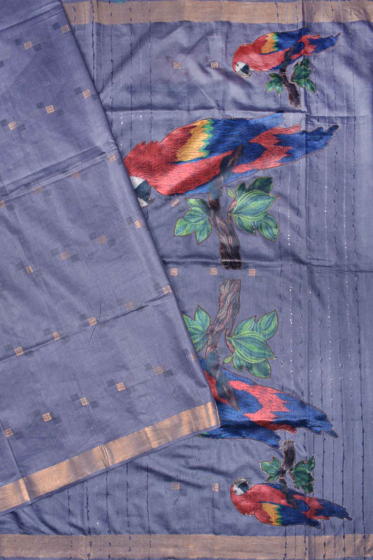 Blue Grey Bengal Cotton Fancy Butta Parrot Applique Pallu Saree