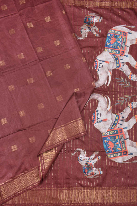 Brown Bengal Cotton Fancy Butta Elephant Applique Pallu Saree